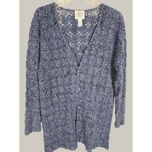 Vtg Cape Isle Knitters Blue Open Crochet Cardigan Size‎ L Cottagecore Coastal